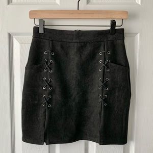 High Waisted Faux Suede Lace Up Skirt